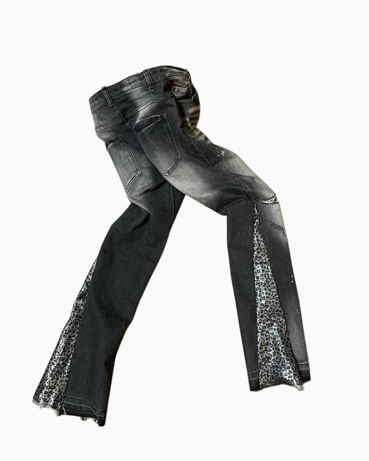Silver Leopard Print Flare Denim