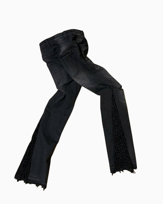 Black Leopard Print Flare Denim